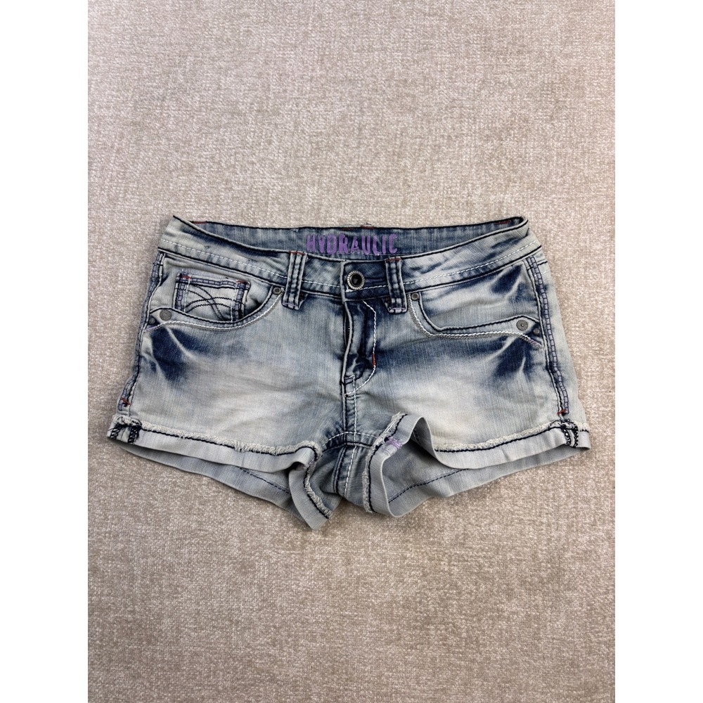 Y2K Hydraulic Womens Light Wash Denim Shorts Embroidered Flap Pocket Size 7/8